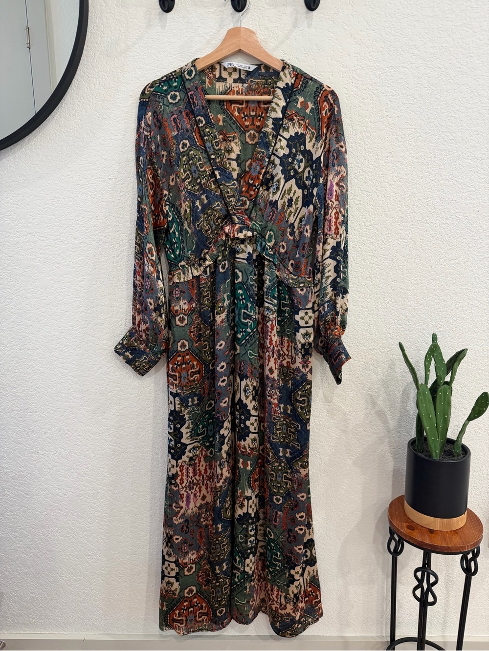 Zara Boho Patterned Maxi Long Sleeve Dress Size Large